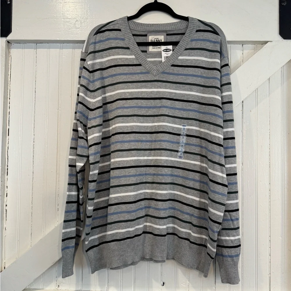 NWT Striped V-Neck Sweater XXL Gray Blue Black Lightweight Pullover